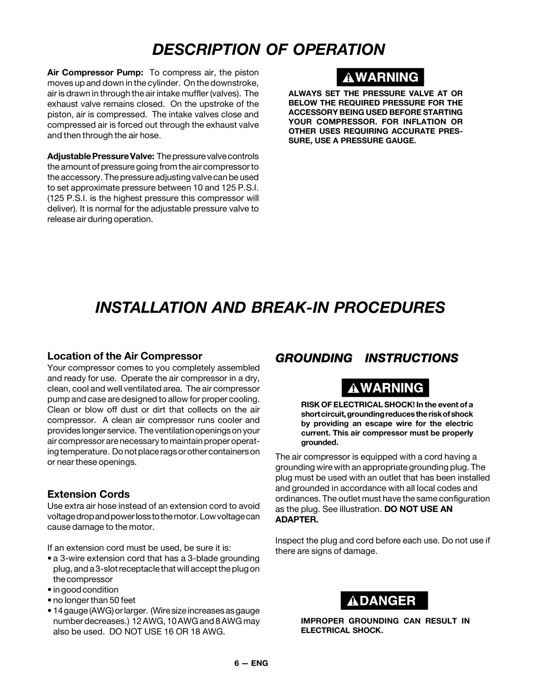 DeVillbiss Air Power Company FA100 owner manual Description of Operation, Installation and BREAK-IN Procedures, Adapter 