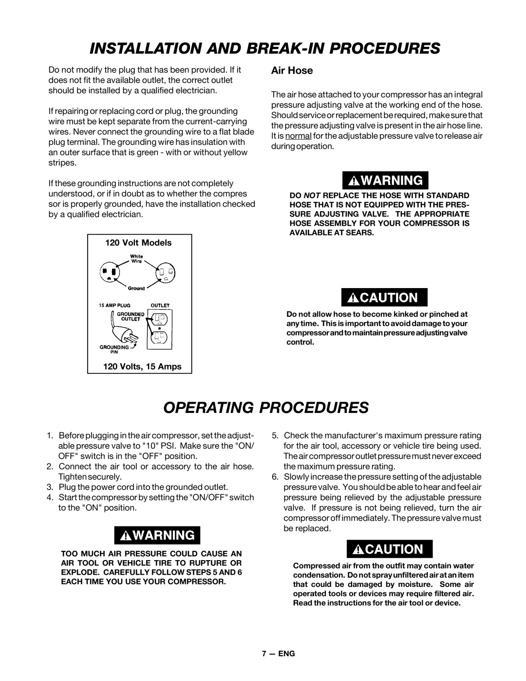 DeVillbiss Air Power Company FA100 owner manual Operating Procedures, Air Hose 