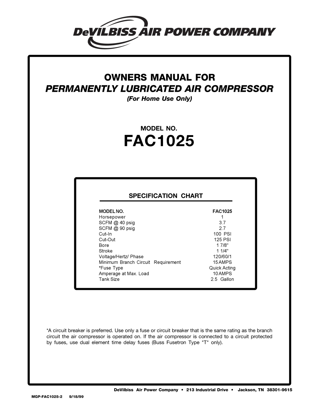 DeVillbiss Air Power Company MGP-FAC1025-2 owner manual 