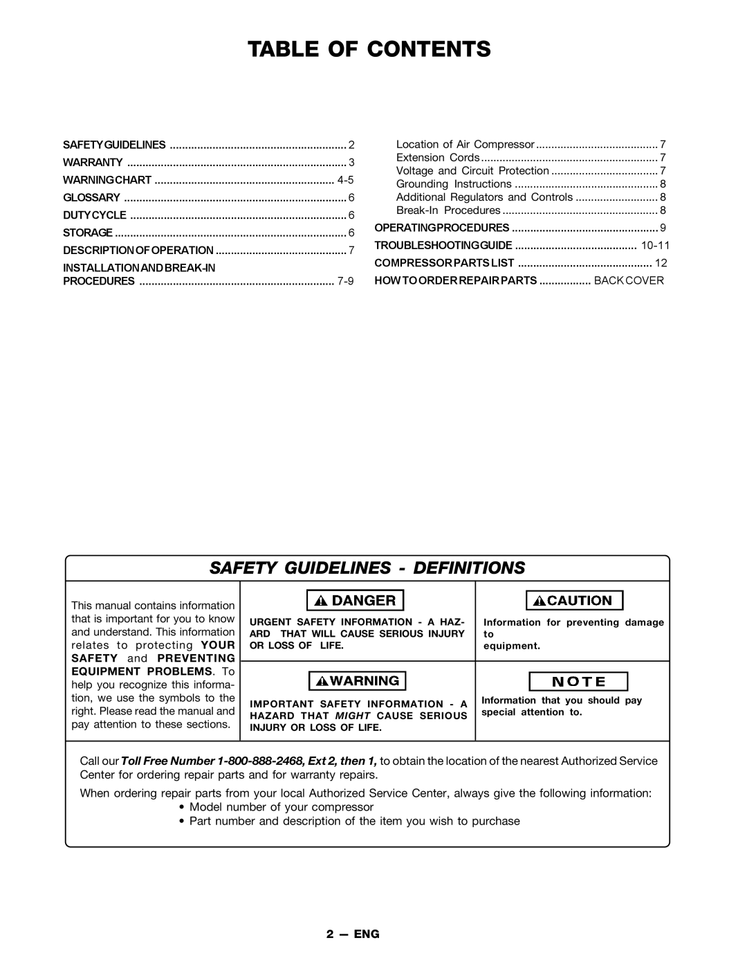 DeVillbiss Air Power Company MGP-FAC1025-2 owner manual Table of Contents 