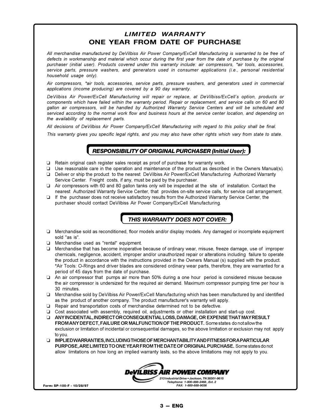 DeVillbiss Air Power Company MGP-FAC1025-2 owner manual ONE Year from Date of Purchase 