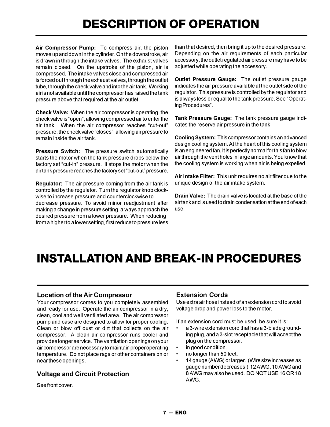 DeVillbiss Air Power Company MGP-FAC1025-2 owner manual Description of Operation 