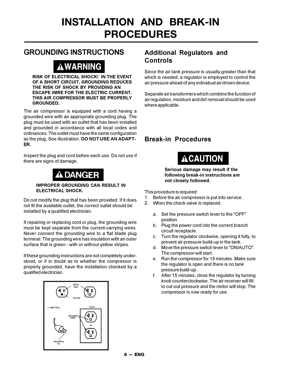 DeVillbiss Air Power Company MGP-FAC1025-2 owner manual Grounding Instructions 