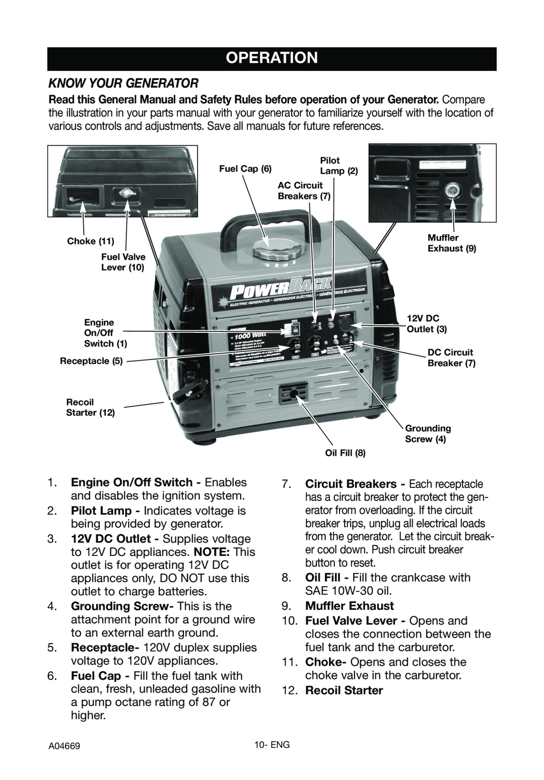 DeVillbiss Air Power Company GM1000, A04669 specifications Operation, Know Your Generator 
