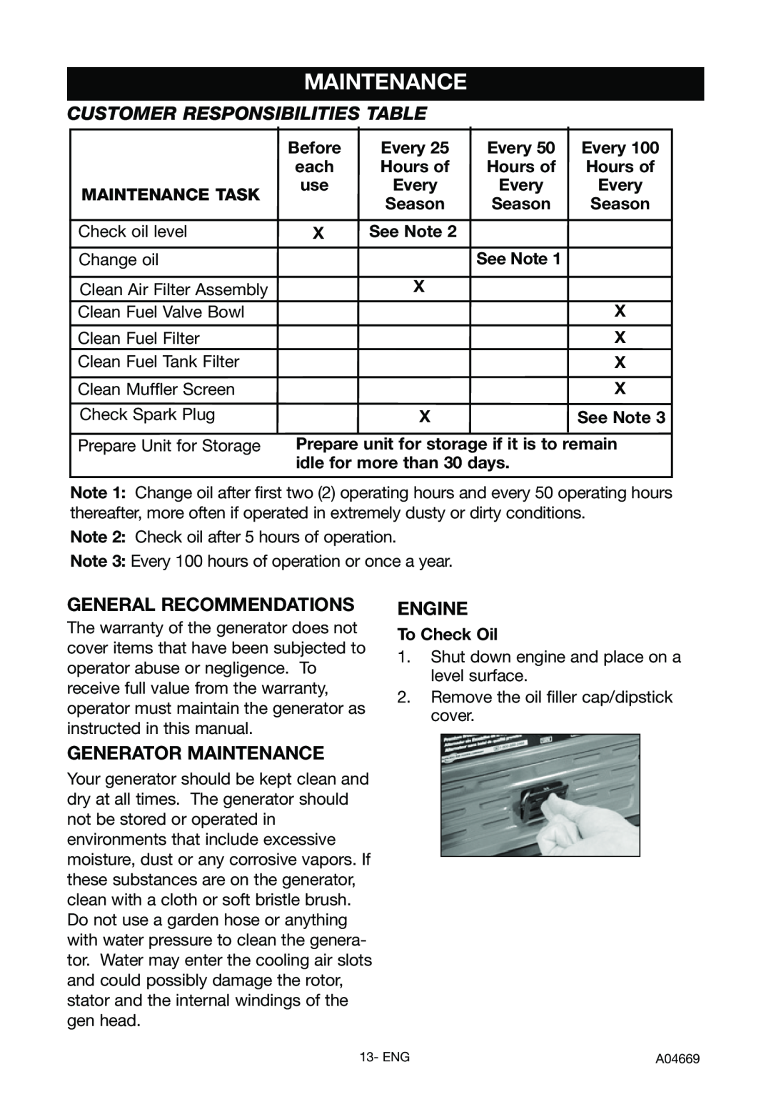 DeVillbiss Air Power Company A04669, GM1000 Maintenance, Customer Responsibilities Table, General Recommendations, Engine 