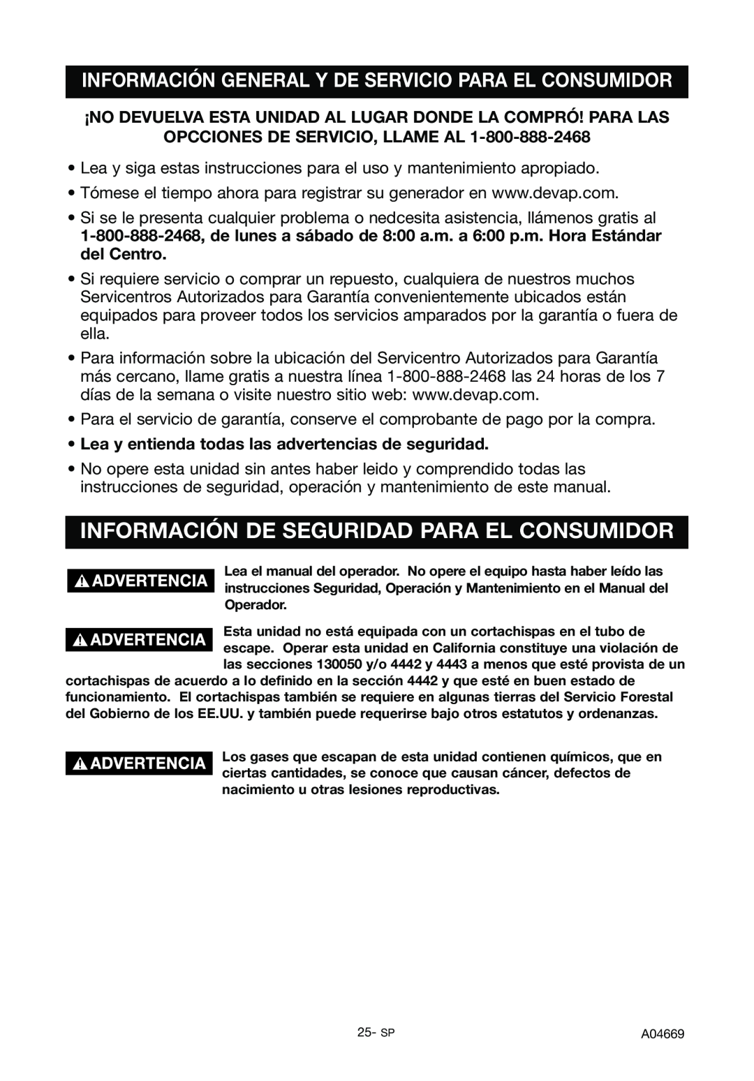 DeVillbiss Air Power Company A04669, GM1000 specifications Información De Seguridad Para El Consumidor 