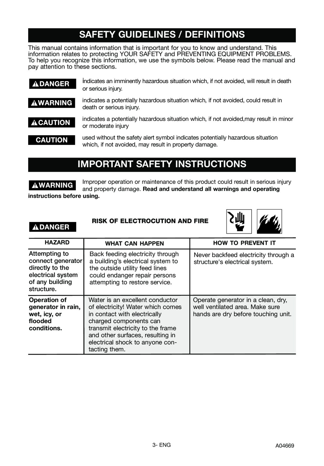 DeVillbiss Air Power Company A04669 Safety Guidelines / Definitions, Important Safety Instructions, Operation of, flooded 