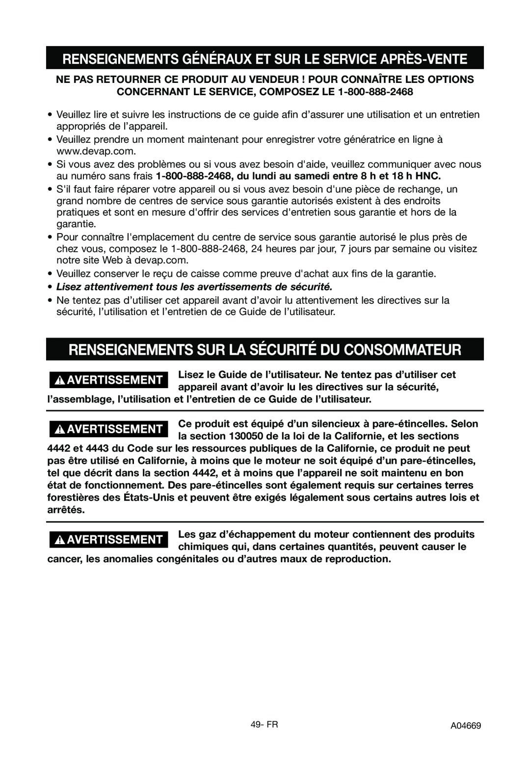 DeVillbiss Air Power Company A04669, GM1000 specifications Renseignements Sur La Sécurité Du Consommateur 
