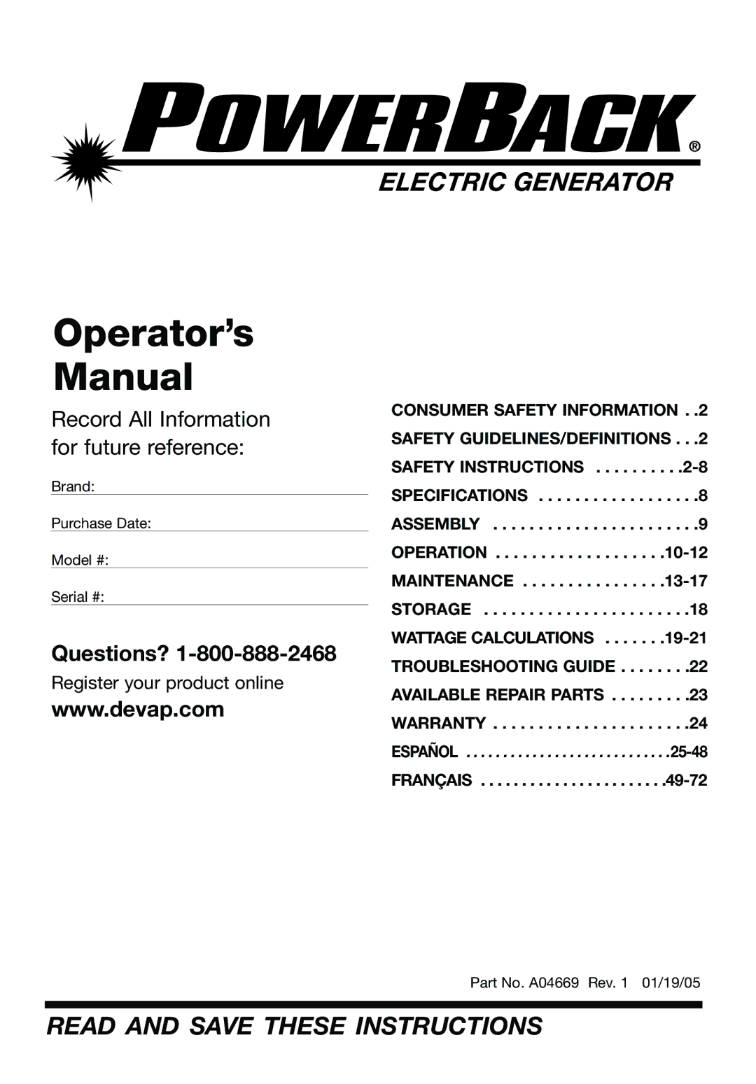 DeVillbiss Air Power Company A04669, GM1000 specifications Operator’s Manual 