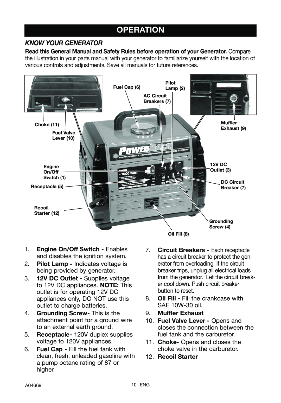 DeVillbiss Air Power Company GM1000, A04669 specifications Operation, Know Your Generator, Recoil Starter 