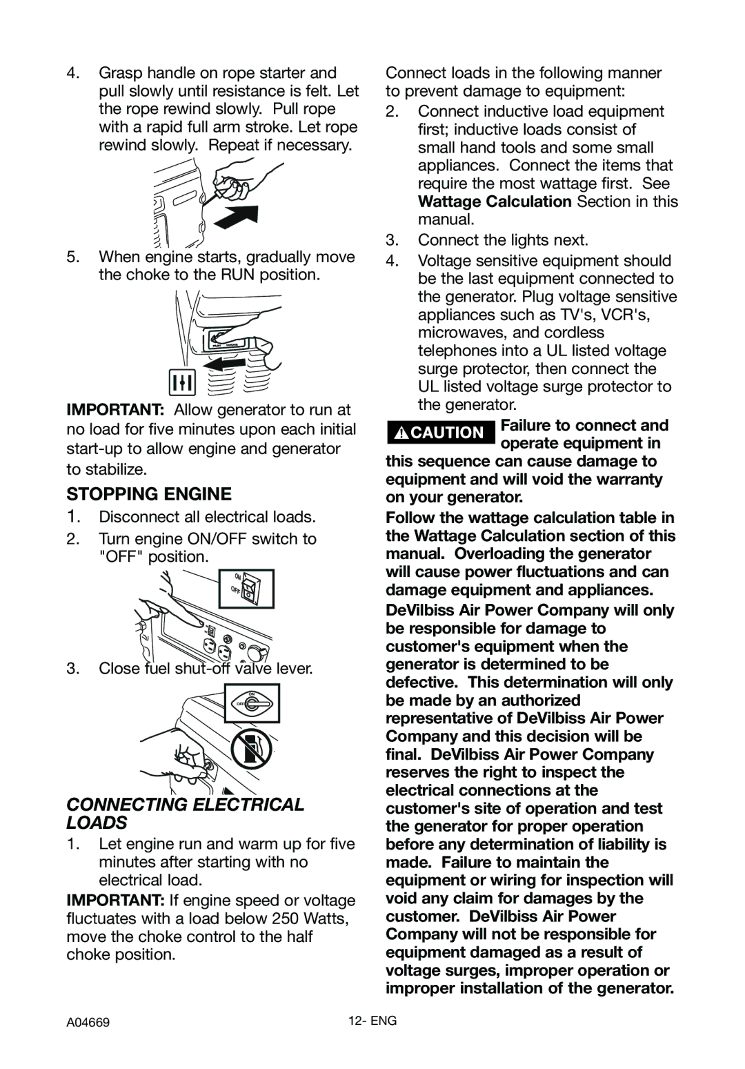 DeVillbiss Air Power Company GM1000, A04669 specifications Stopping Engine, Connecting Electrical Loads 