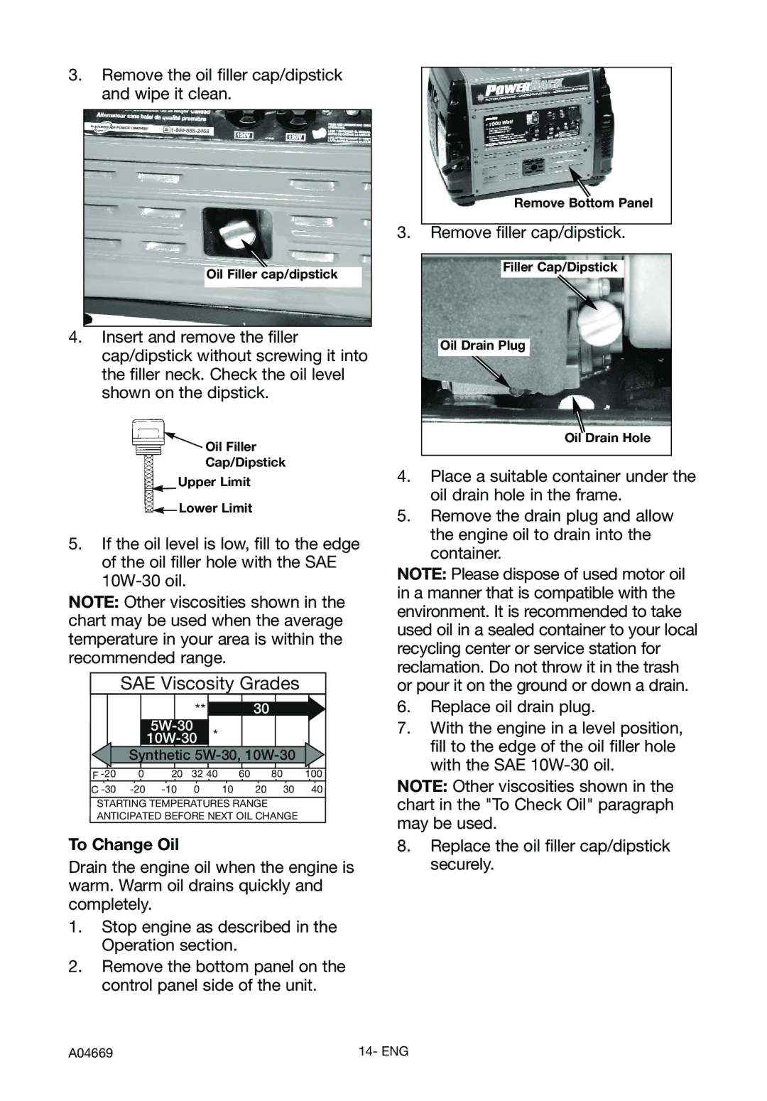 DeVillbiss Air Power Company GM1000, A04669 specifications To Change Oil, Oil Filler cap/dipstick, Remove Bottom Panel 