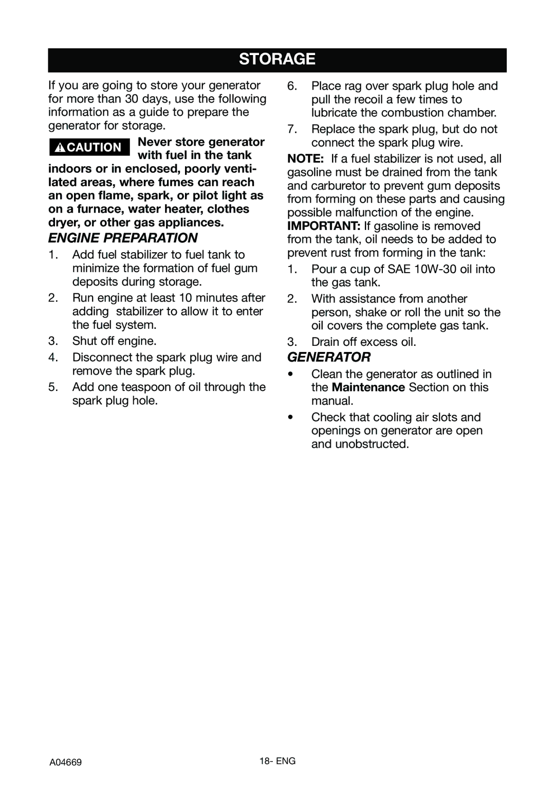 DeVillbiss Air Power Company GM1000, A04669 specifications Storage, Engine Preparation, Generator 