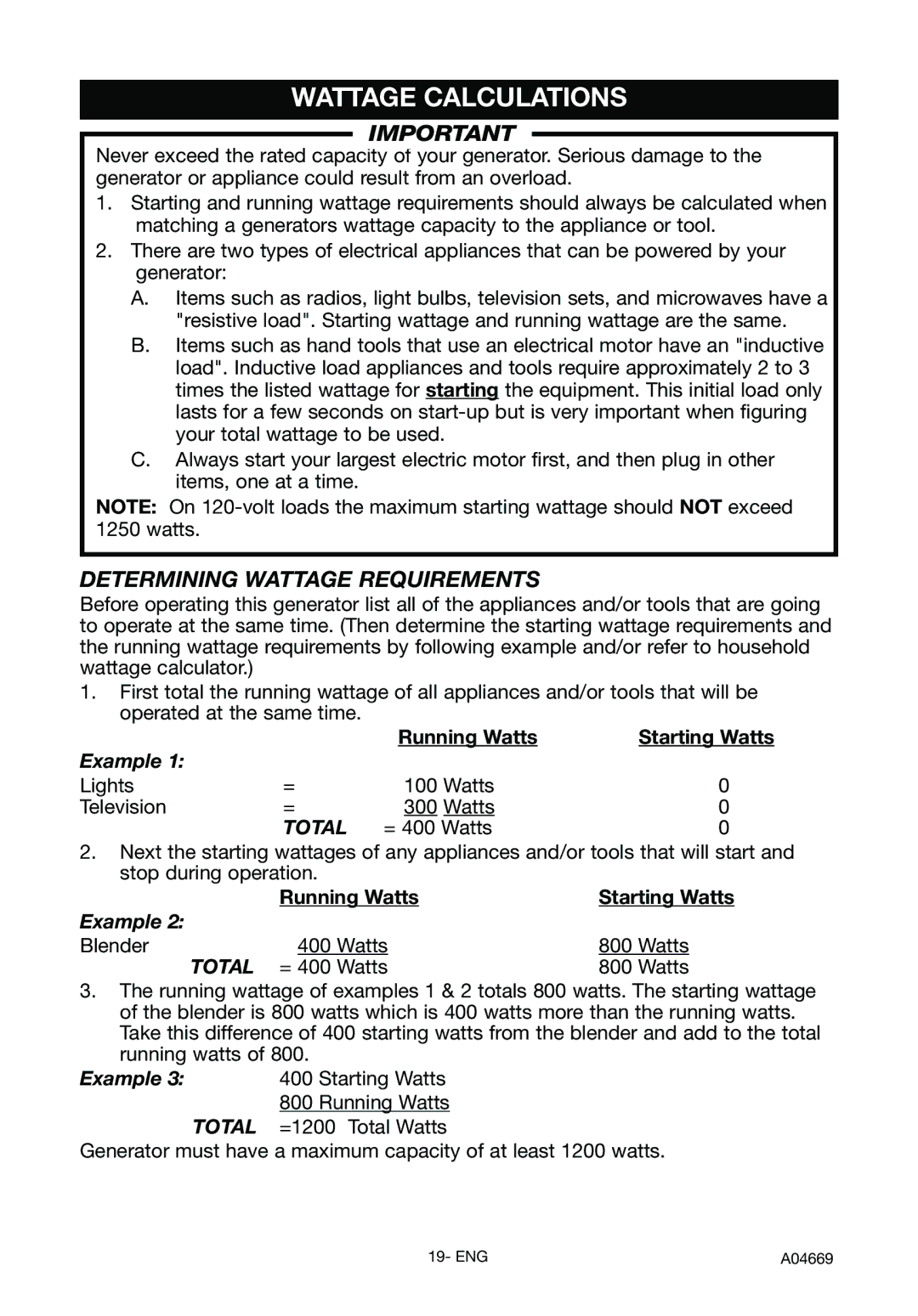 DeVillbiss Air Power Company A04669 Wattage Calculations, Determining Wattage Requirements, Running Watts Starting Watts 