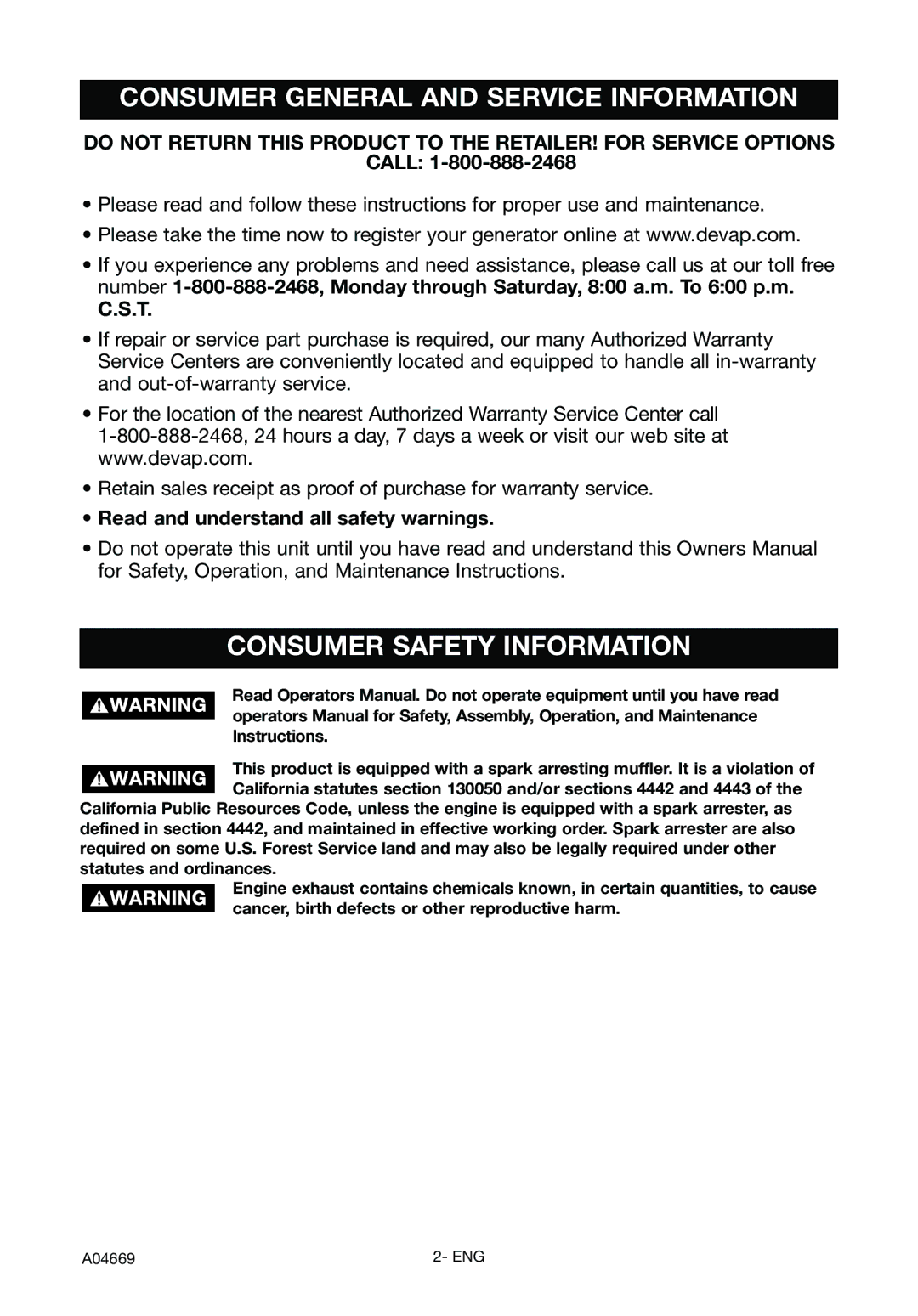 DeVillbiss Air Power Company GM1000, A04669 Consumer General and Service Information, Consumer Safety Information 