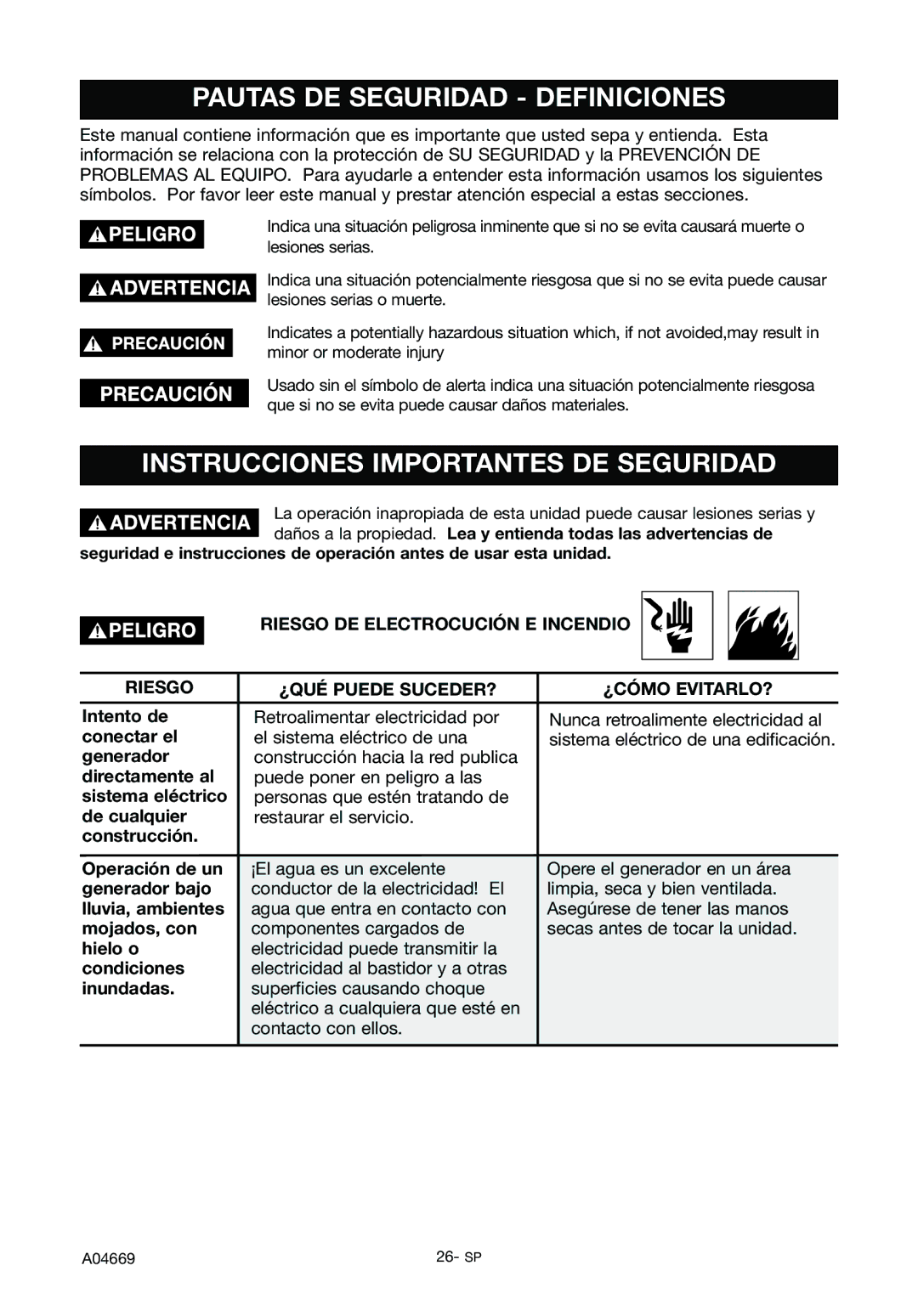 DeVillbiss Air Power Company GM1000, A04669 Pautas DE Seguridad Definiciones, Instrucciones Importantes DE Seguridad 