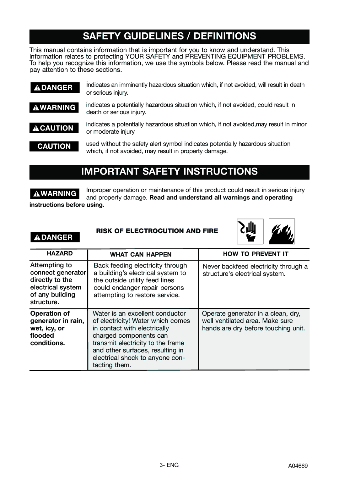 DeVillbiss Air Power Company A04669, GM1000 specifications Safety Guidelines / Definitions, Important Safety Instructions 