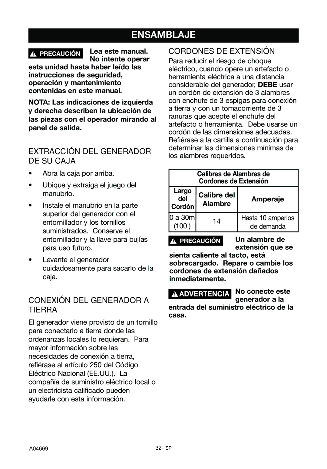 DeVillbiss Air Power Company GM1000 Ensamblaje, Extracción DEL Generador DE SU Caja, Conexión DEL Generador a Tierra 