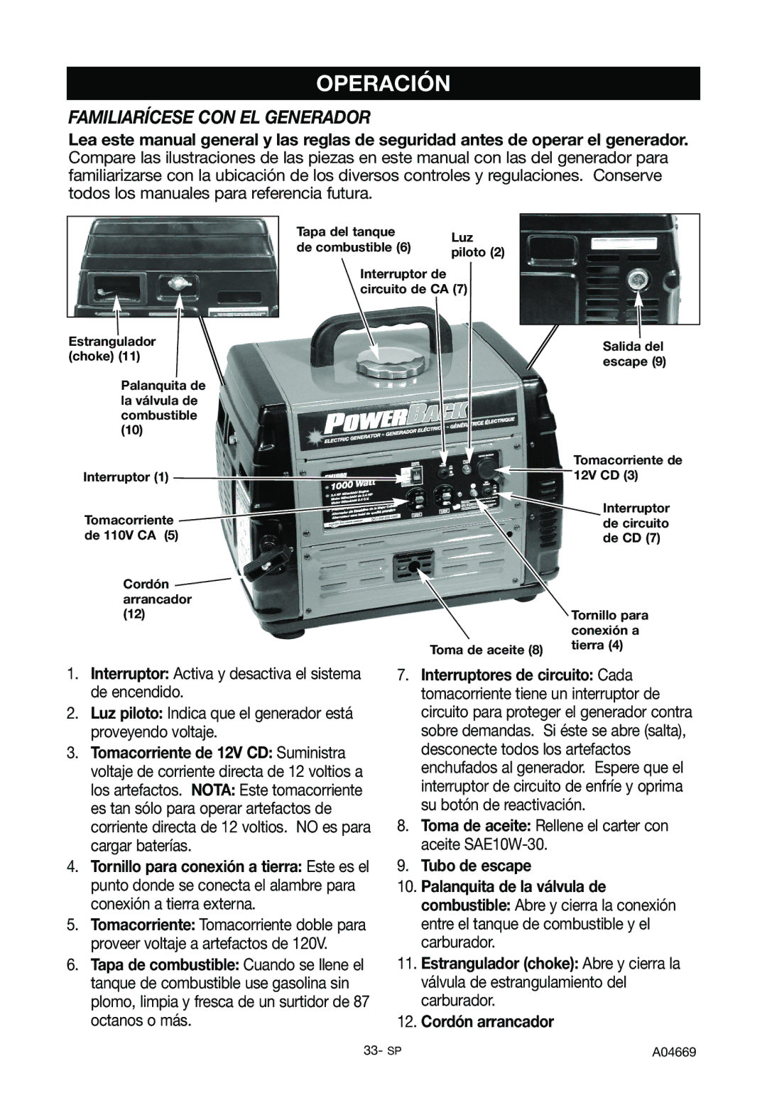 DeVillbiss Air Power Company A04669, GM1000 specifications Operación, Familiarícese CON EL Generador 