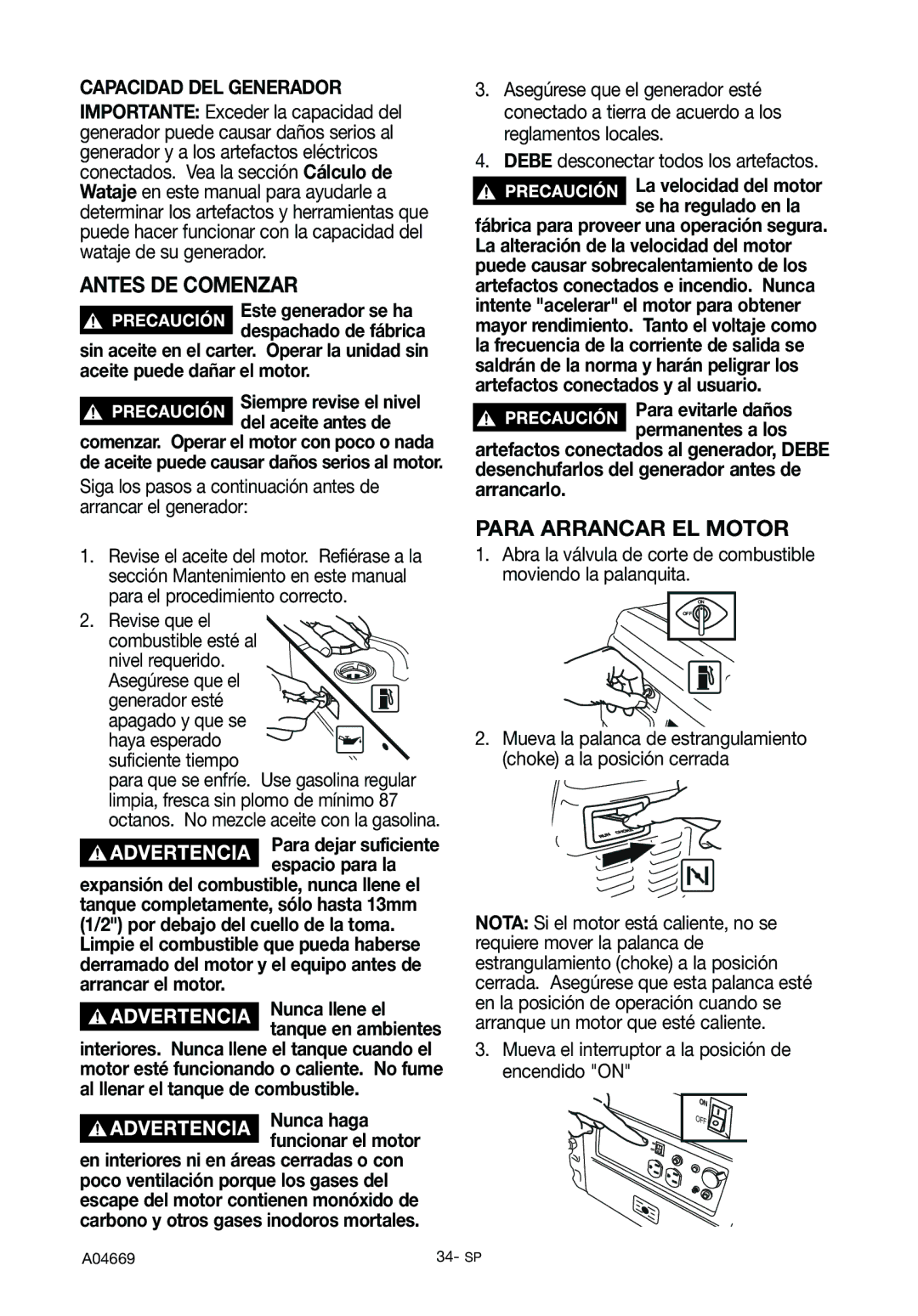 DeVillbiss Air Power Company GM1000, A04669 Antes DE Comenzar, Para Arrancar EL Motor, Capacidad DEL Generador 