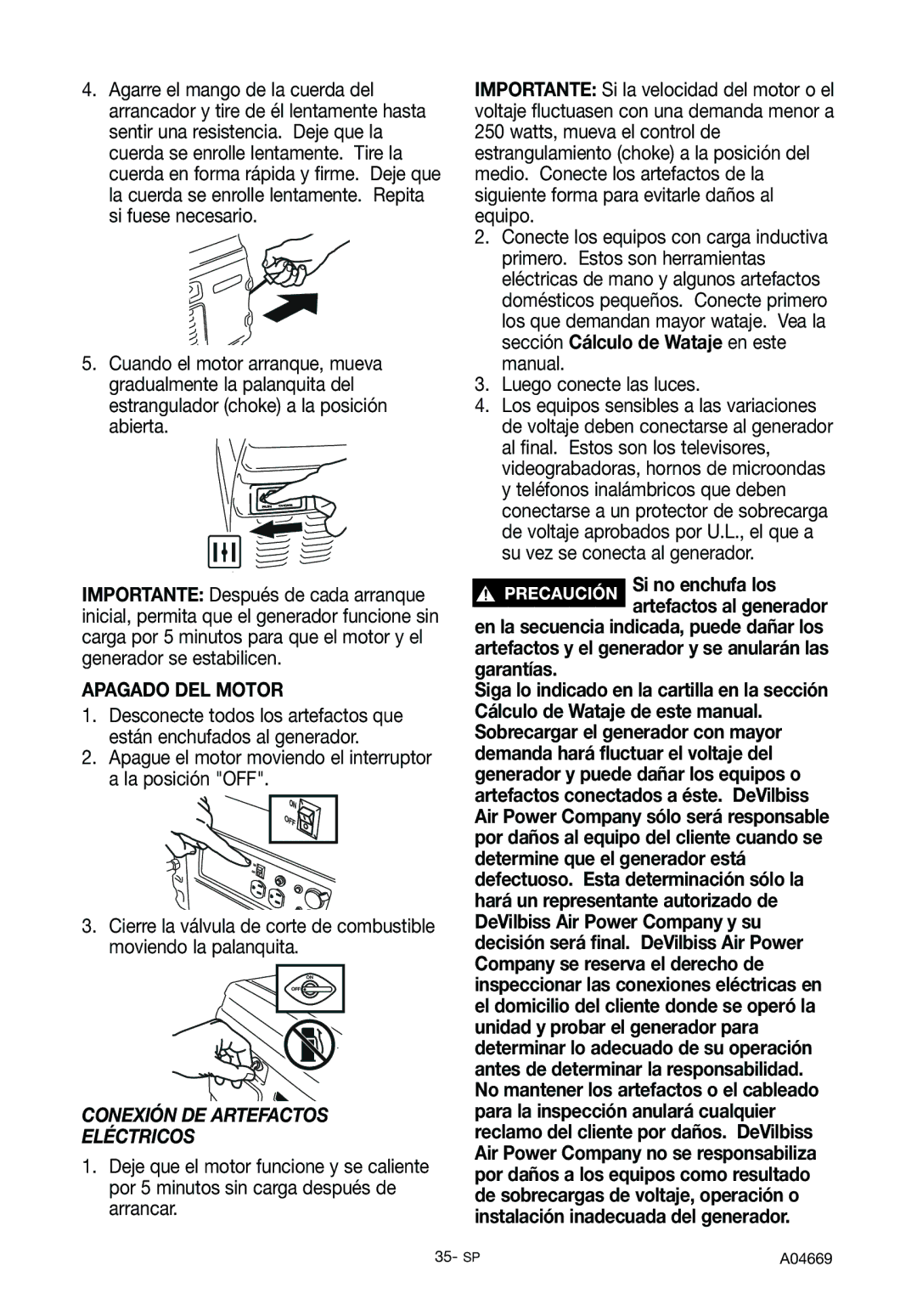 DeVillbiss Air Power Company A04669, GM1000 specifications Apagado DEL Motor, Conexión DE Artefactos Eléctricos 