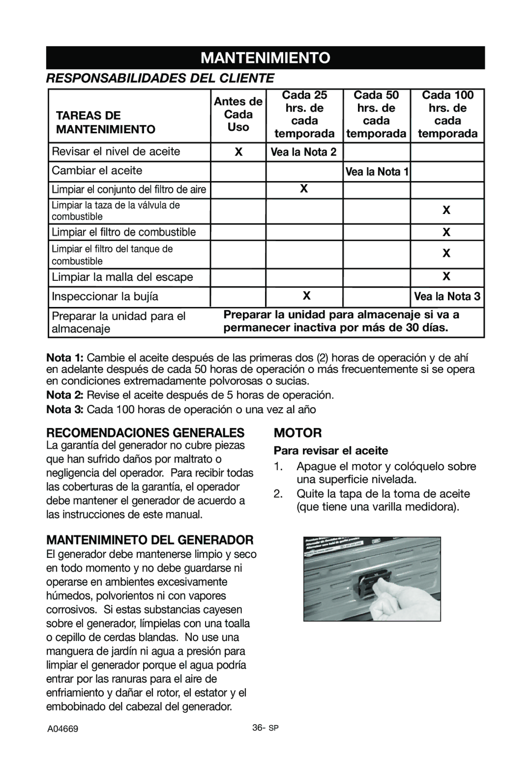 DeVillbiss Air Power Company GM1000, A04669 Mantenimiento, Responsabilidades DEL Cliente, Recomendaciones Generales, Motor 