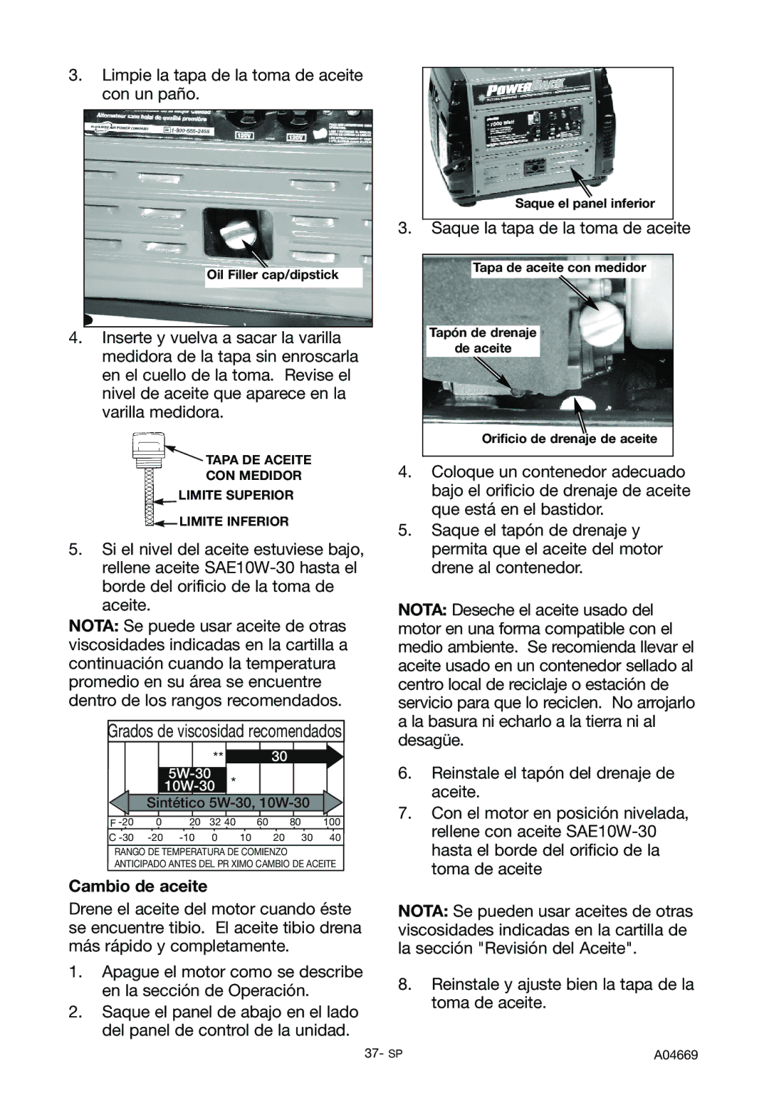 DeVillbiss Air Power Company A04669, GM1000 specifications Cambio de aceite, Saque el panel inferior 