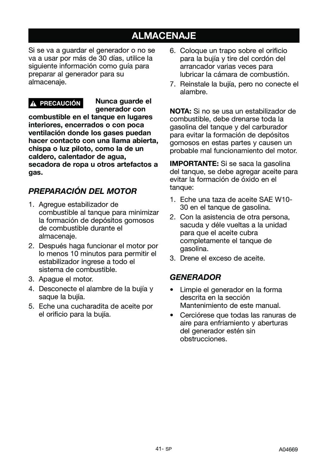 DeVillbiss Air Power Company A04669, GM1000 specifications Almacenaje, Preparación DEL Motor, Generador 