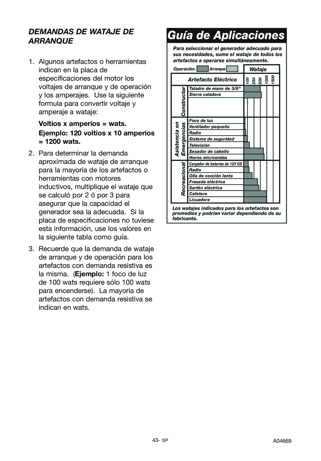 DeVillbiss Air Power Company A04669, GM1000 specifications Guía de Aplicaciones, Demandas DE Wataje DE Arranque 