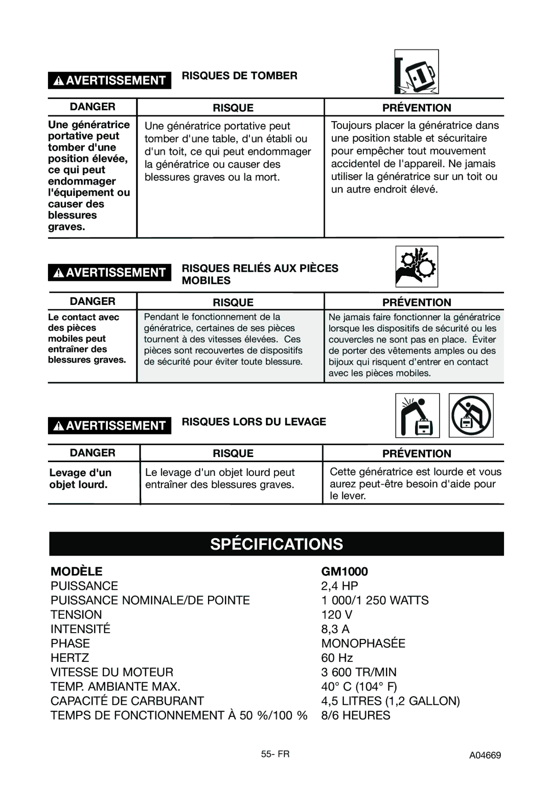 DeVillbiss Air Power Company A04669, GM1000 Spécifications, Modèle, Risques DE Tomber, Risques Reliés AUX Pièces Mobiles 