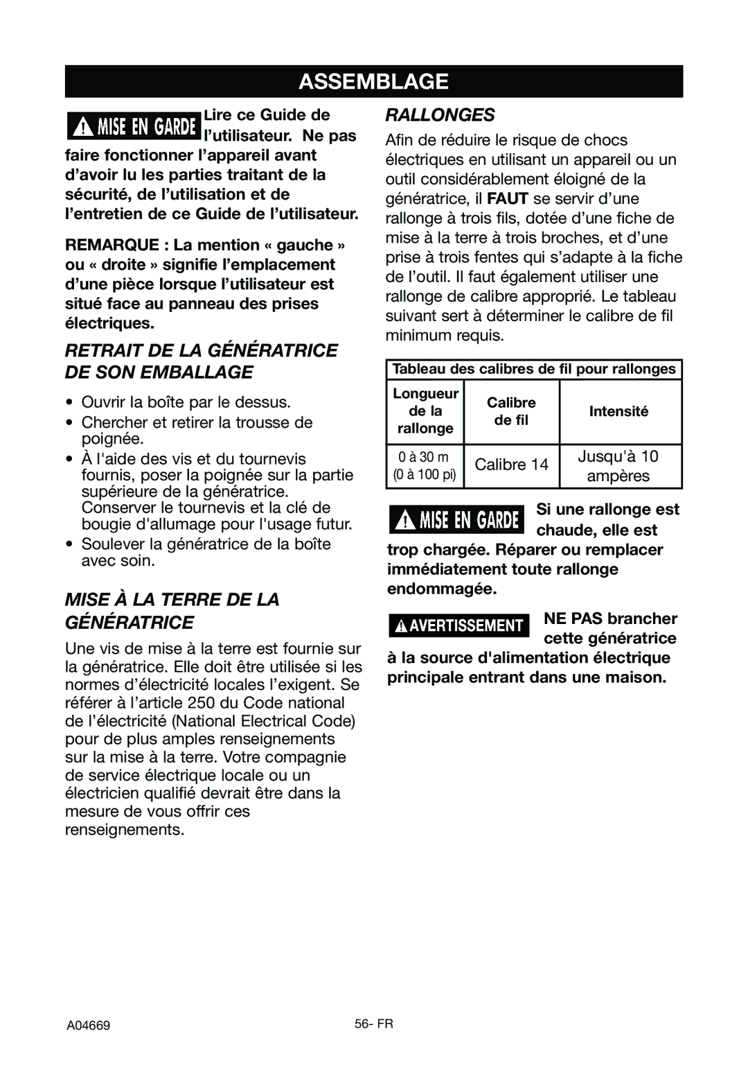 DeVillbiss Air Power Company GM1000, A04669 specifications Assemblage, Retrait DE LA Génératrice DE SON Emballage, Rallonges 