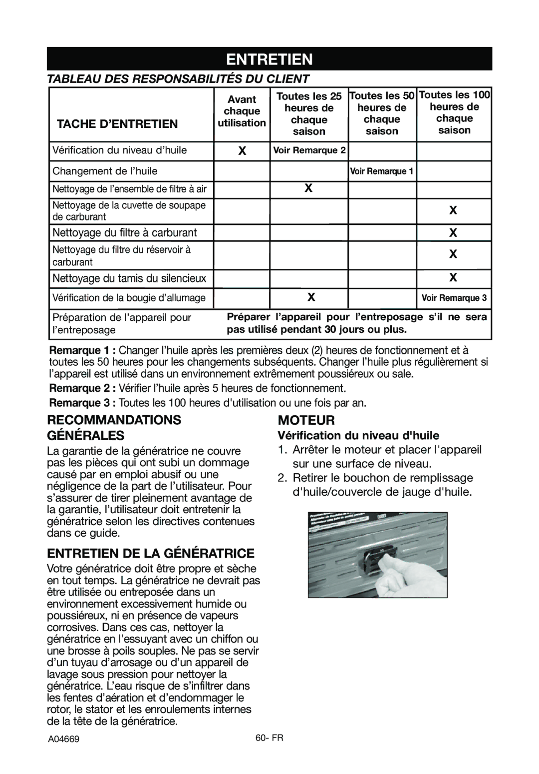 DeVillbiss Air Power Company GM1000 Recommandations Générales, Entretien DE LA Génératrice, Moteur, Tache D’ENTRETIEN 