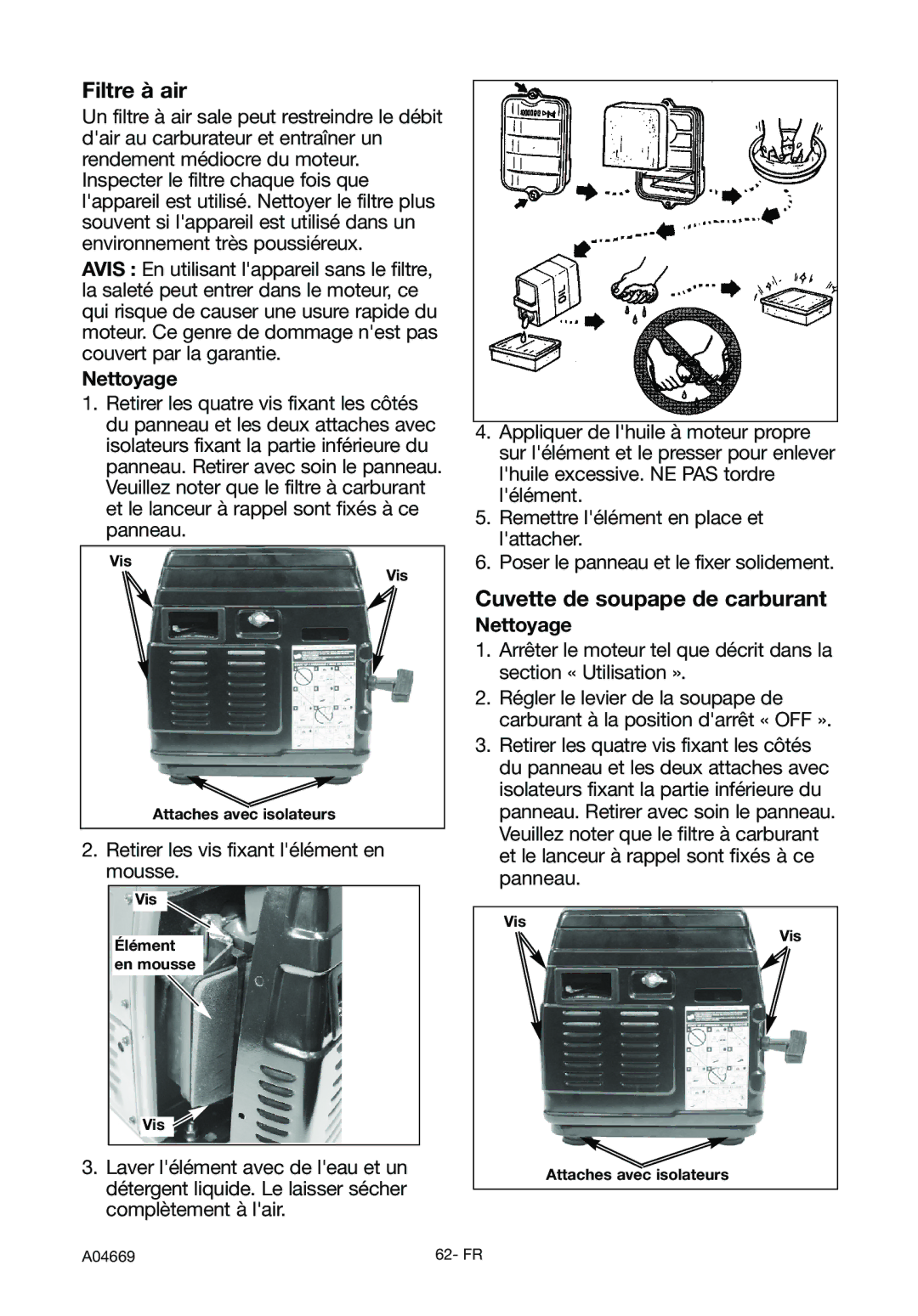 DeVillbiss Air Power Company GM1000 Filtre à air, Cuvette de soupape de carburant, Nettoyage, Vis Attaches avec isolateurs 