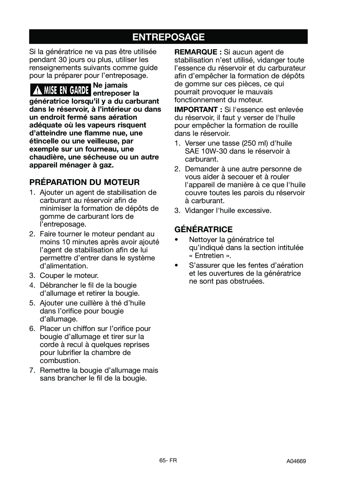 DeVillbiss Air Power Company A04669, GM1000 specifications Entreposage, Préparation DU Moteur, Génératrice 