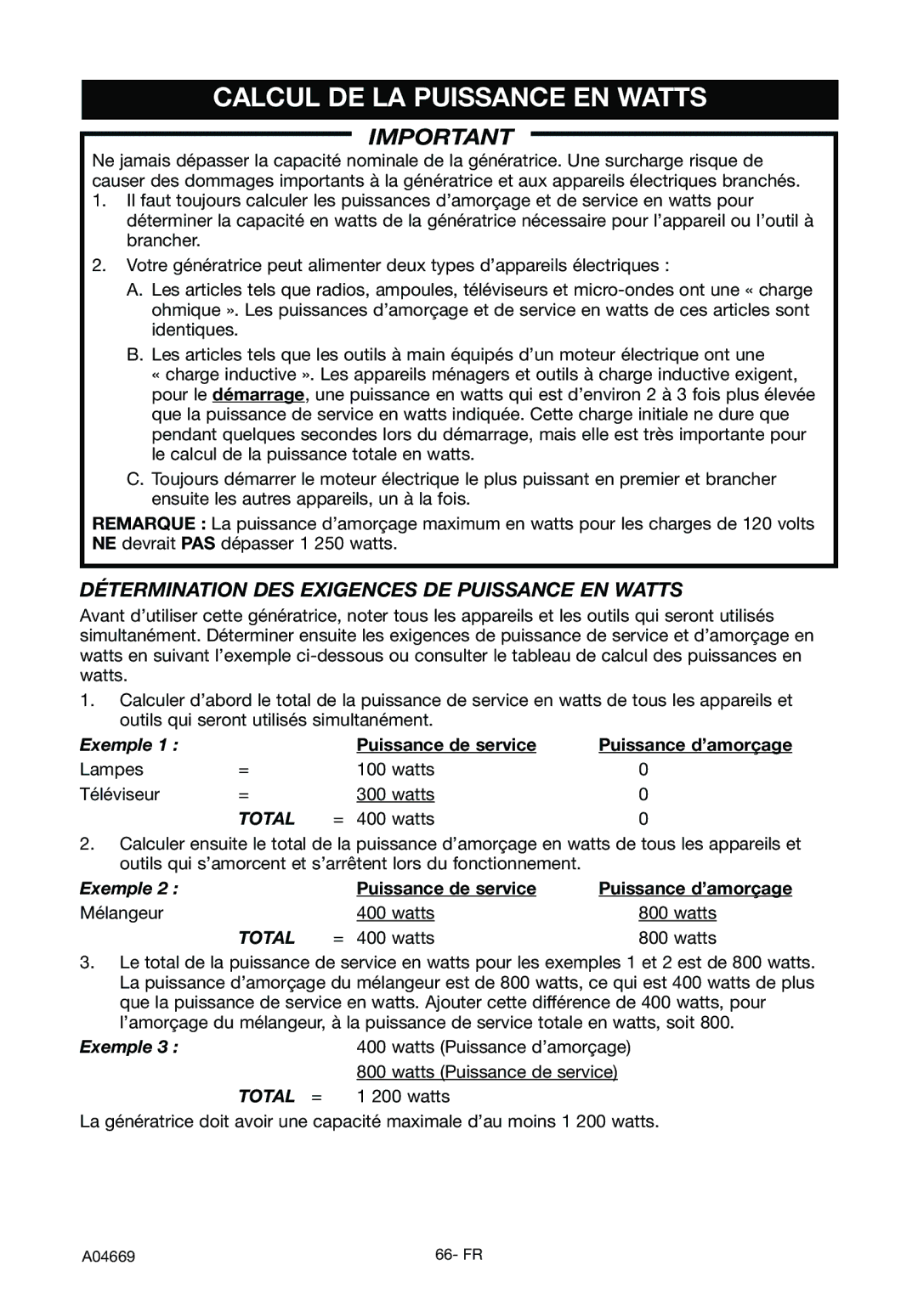 DeVillbiss Air Power Company GM1000, A04669 specifications Calcul DE LA Puissance EN Watts, Puissance de service 