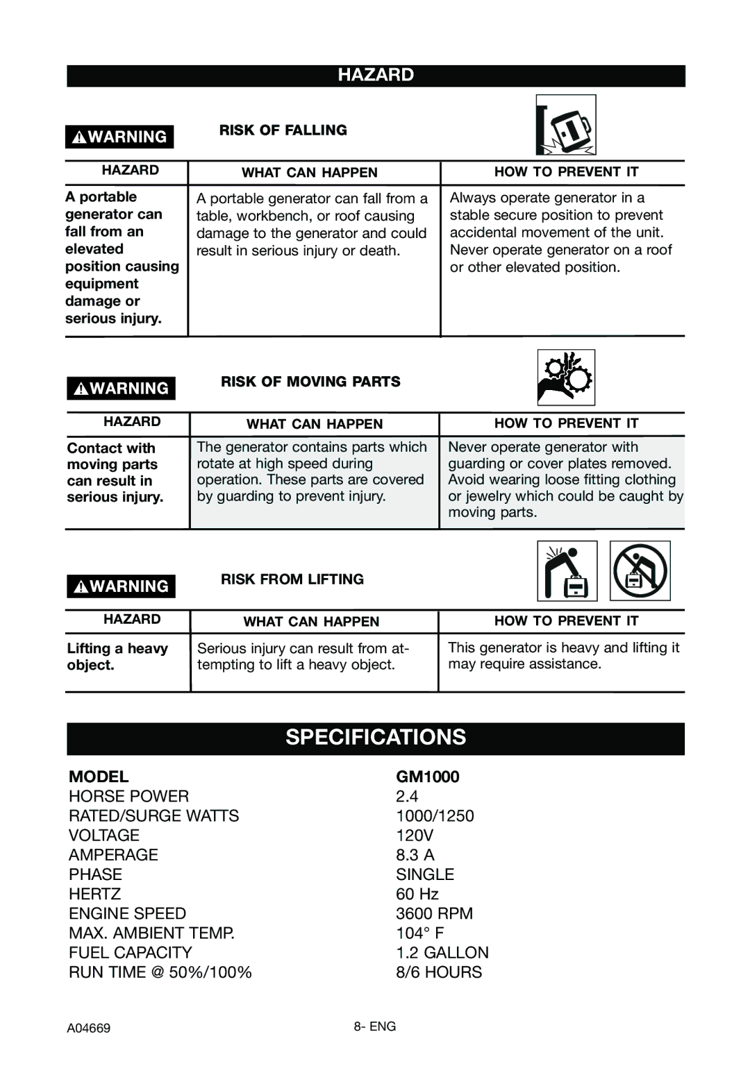 DeVillbiss Air Power Company GM1000, A04669 specifications Specifications, Model 