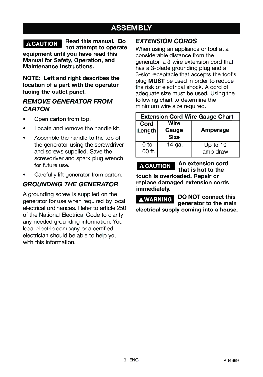 DeVillbiss Air Power Company A04669 Assembly, Remove Generator from Carton, Grounding the Generator, Extension Cords 