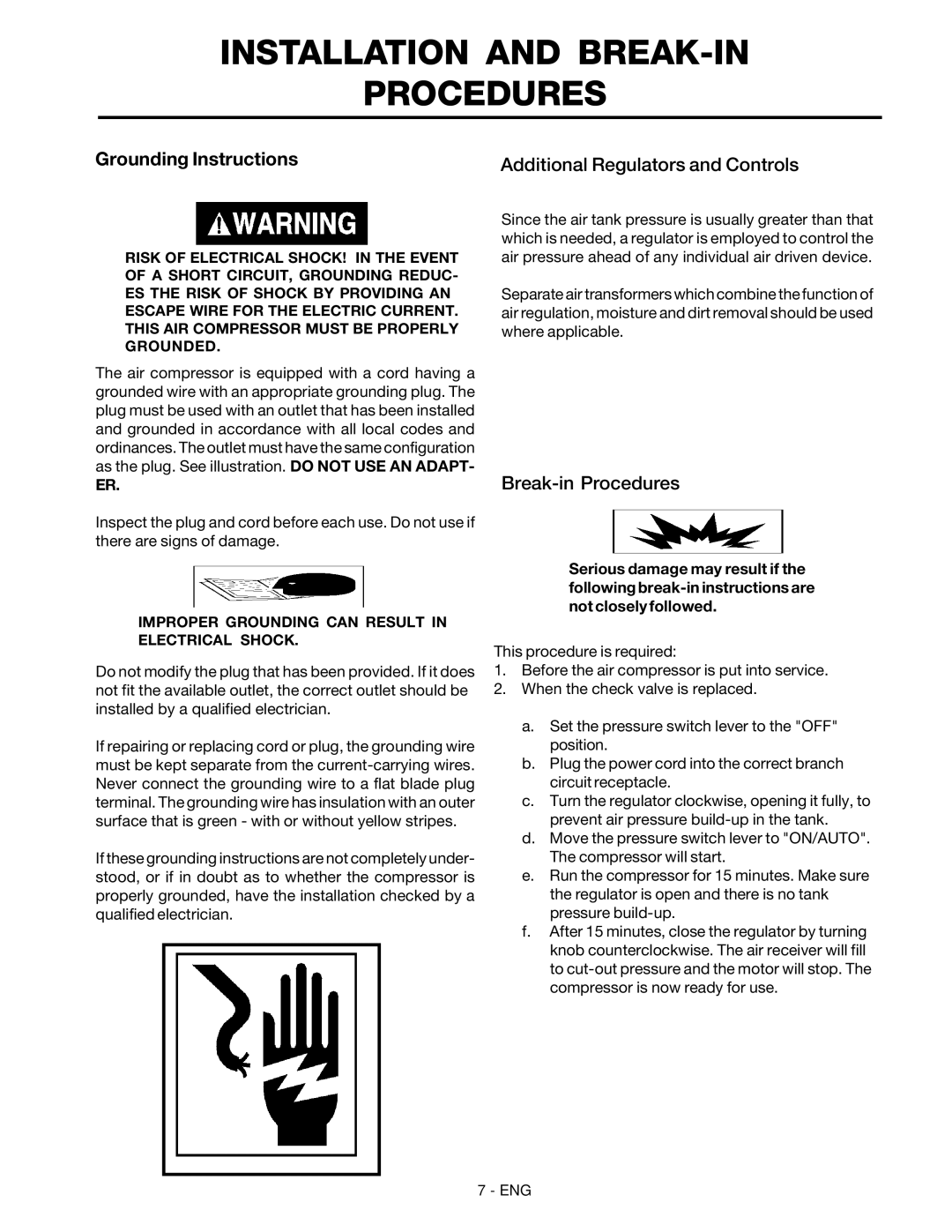 DeVillbiss Air Power Company MG1-UMCCOMP-3 warranty Grounding Instructions Additional Regulators and Controls 