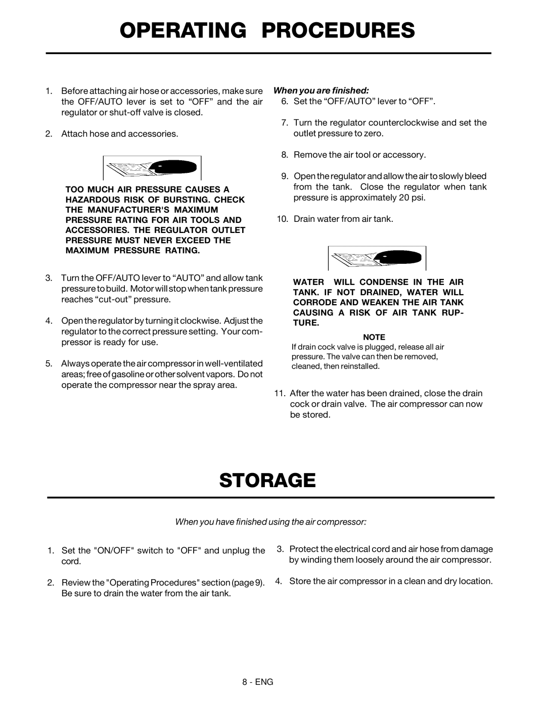 DeVillbiss Air Power Company MG1-UMCCOMP-3 warranty Operating Procedures, Storage 