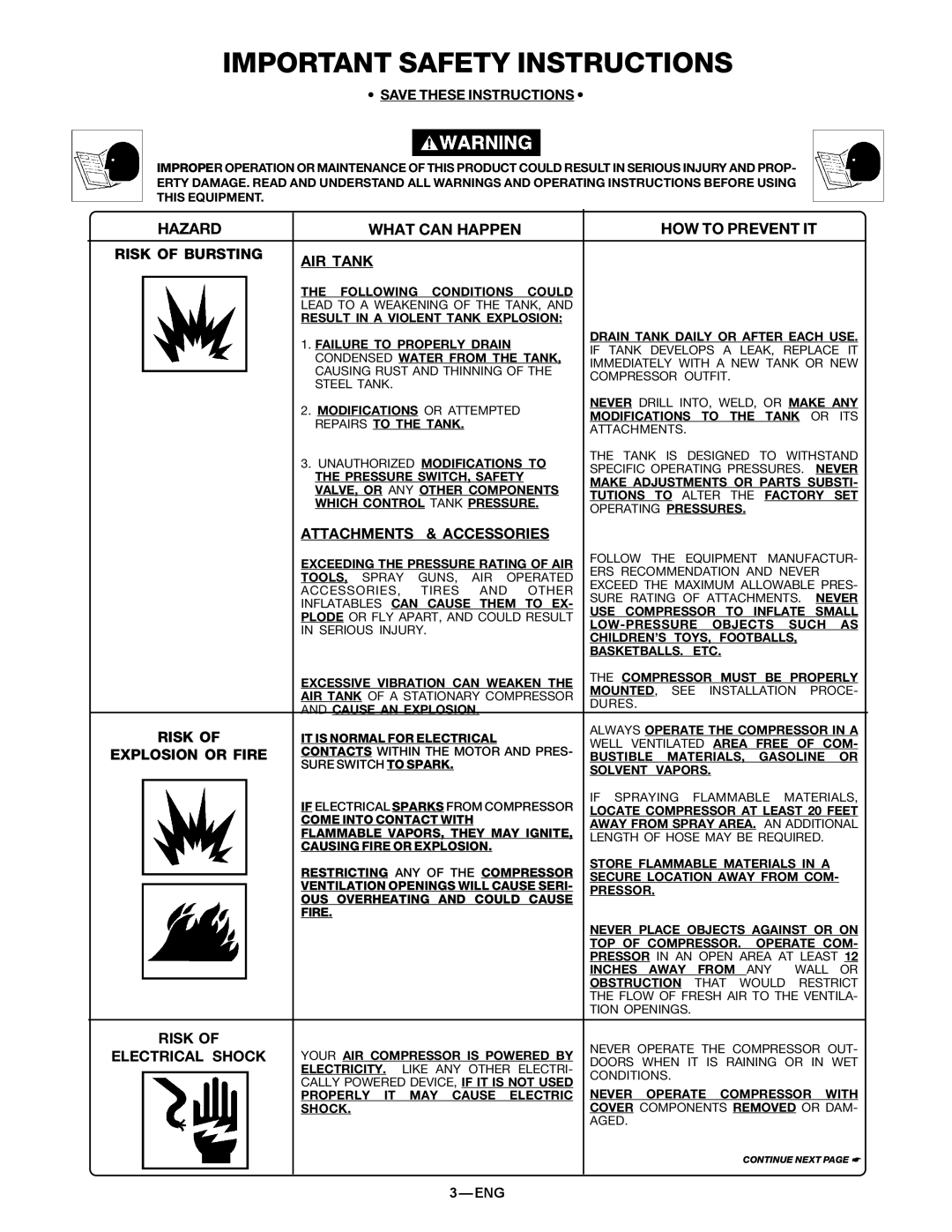 DeVillbiss Air Power Company 38301-9615, MG2-OFTANK-4A Attachments Accessories, Risk, Explosion or Fire, Electrical Shock 