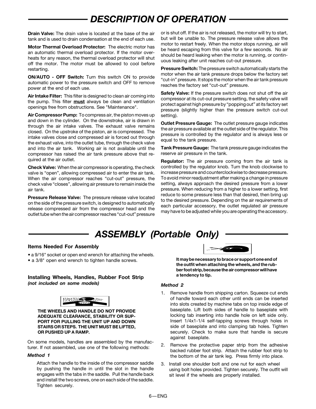 DeVillbiss Air Power Company MG2-OFTANK-4A, 38301-9615 warranty Description of Operation, Items Needed For Assembly 