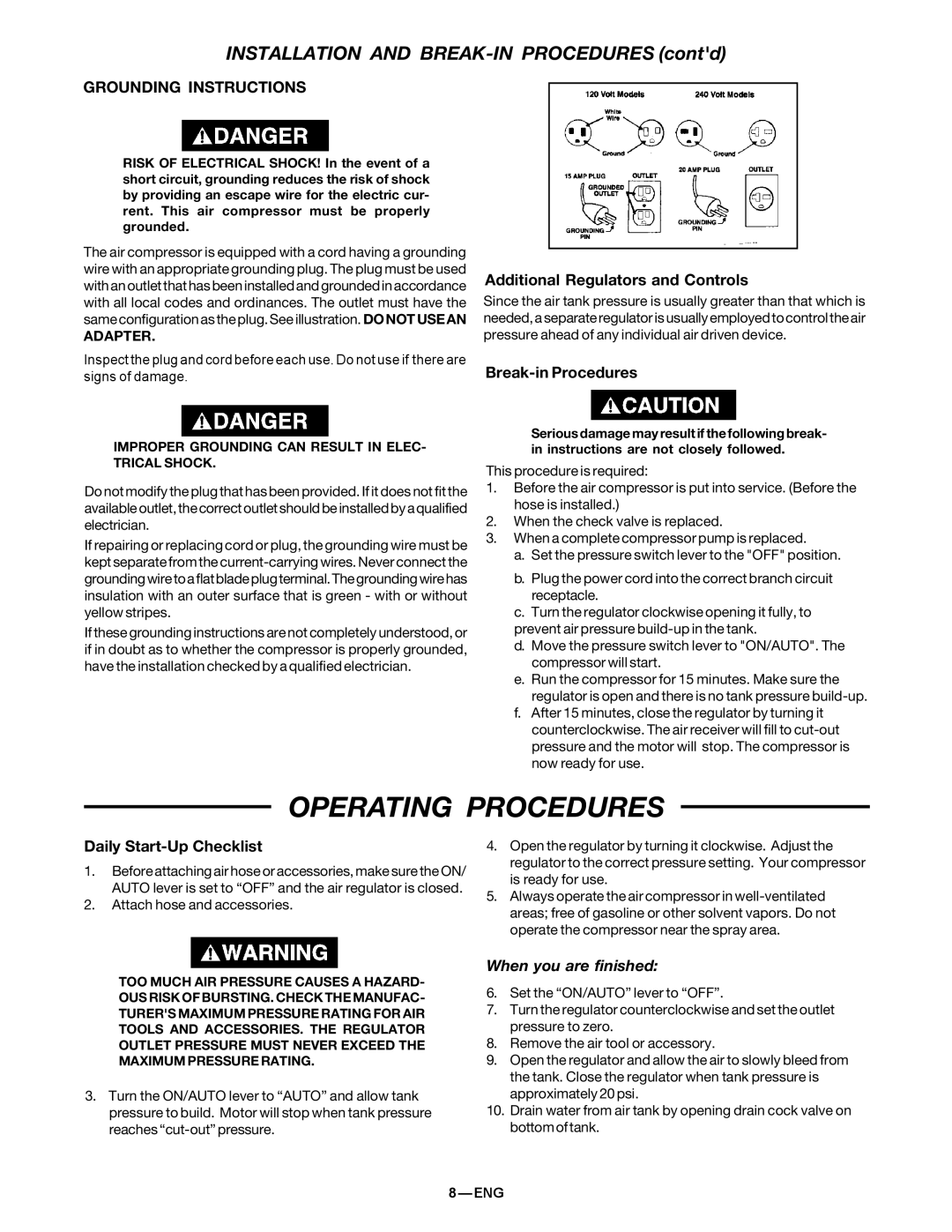 DeVillbiss Air Power Company MG2-OFTANK-4A, 38301-9615 Operating Procedures, Grounding Instructions, Break-in Procedures 