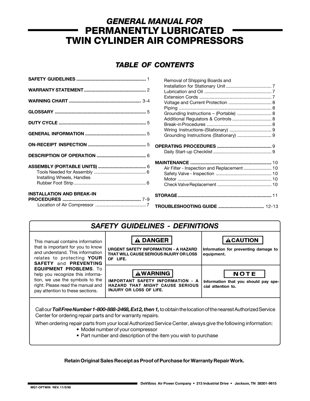 DeVillbiss Air Power Company MG7-OFTWIN warranty Permanently Lubricated Twin Cylinder AIR Compressors 