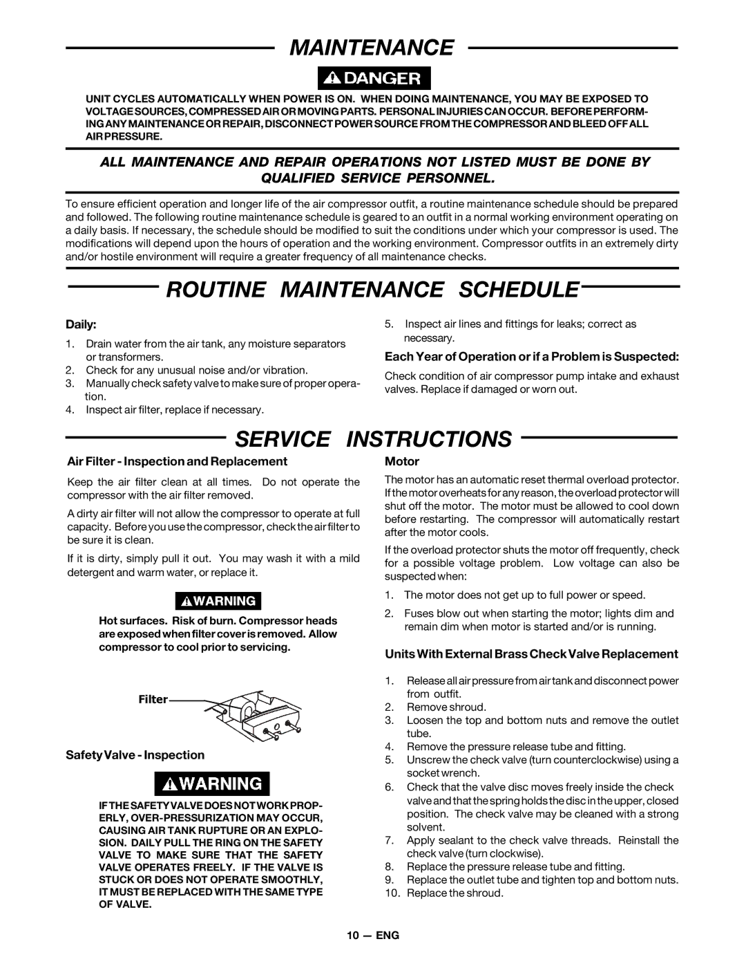 DeVillbiss Air Power Company MG7-OFTWIN warranty Routine Maintenance Schedule, Service Instructions 