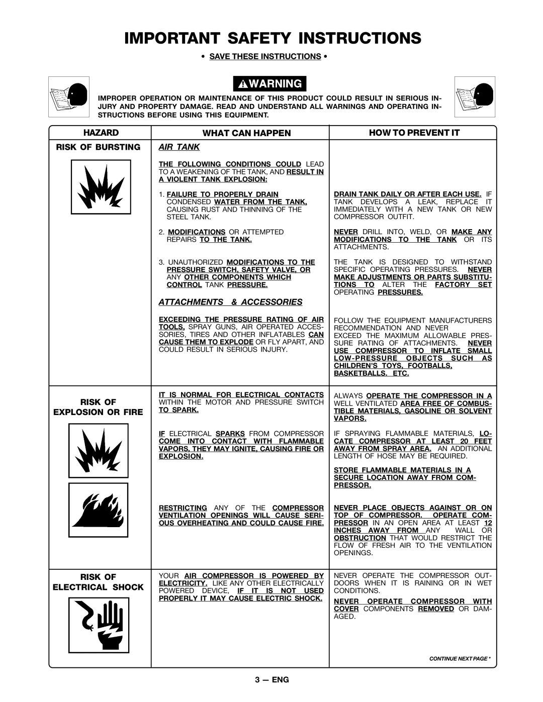 DeVillbiss Air Power Company MG7-OFTWIN warranty Important Safety Instructions 