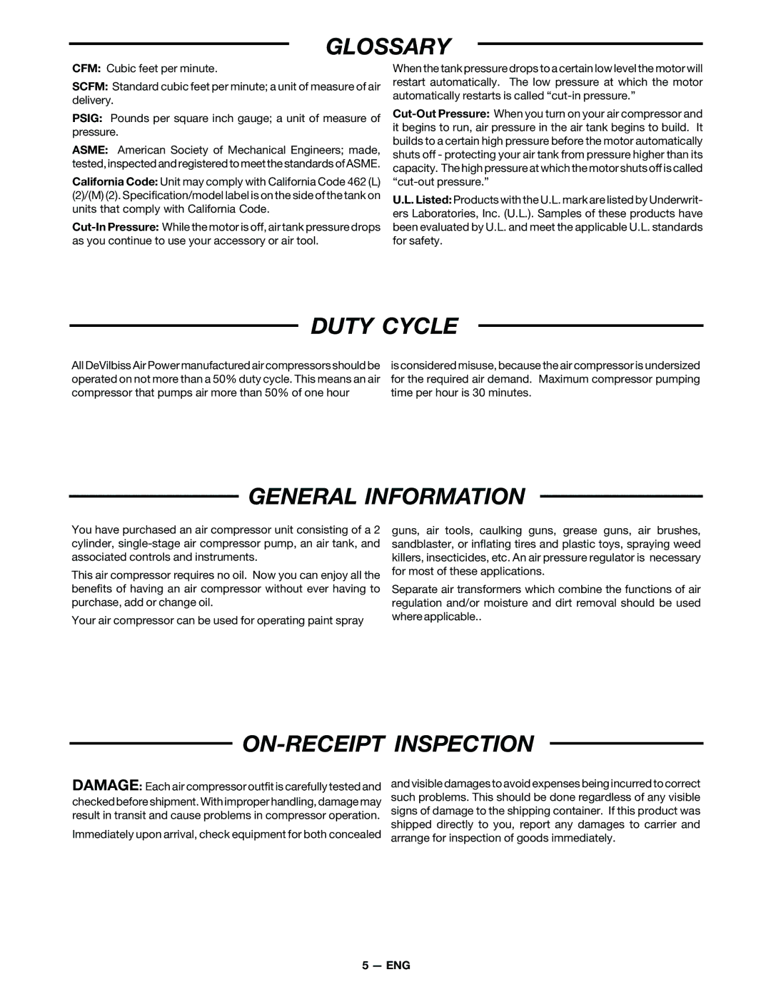 DeVillbiss Air Power Company MG7-OFTWIN warranty Glossary, Duty Cycle, General Information, ON-RECEIPT Inspection 