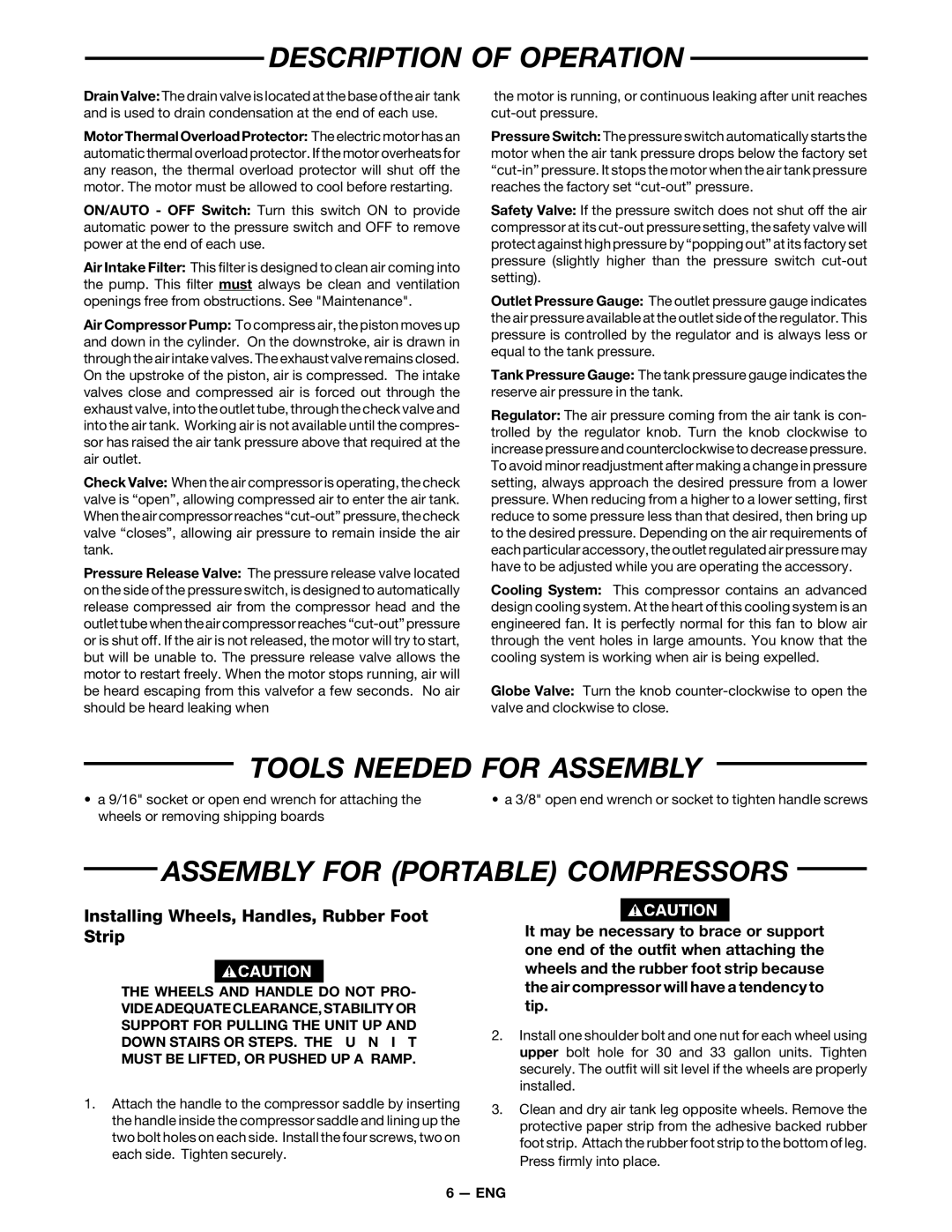 DeVillbiss Air Power Company MG7-OFTWIN warranty Description of Operation, Tools Needed for Assembly 