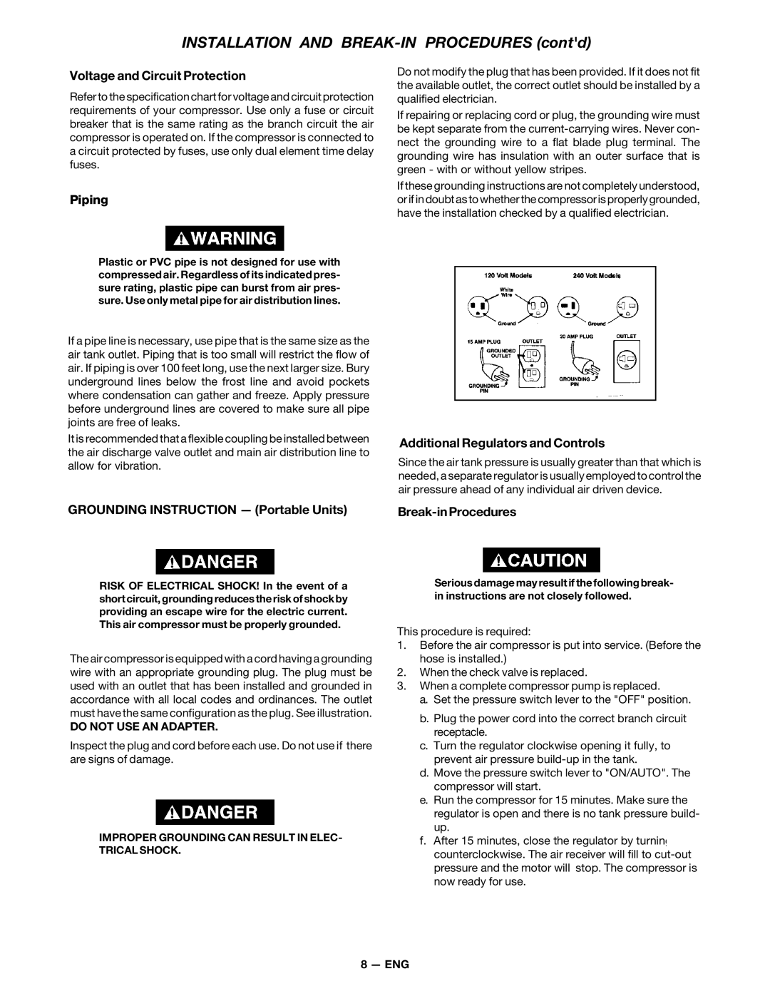 DeVillbiss Air Power Company MG7-OFTWIN Voltage and Circuit Protection, Piping, Grounding Instruction Portable Units 