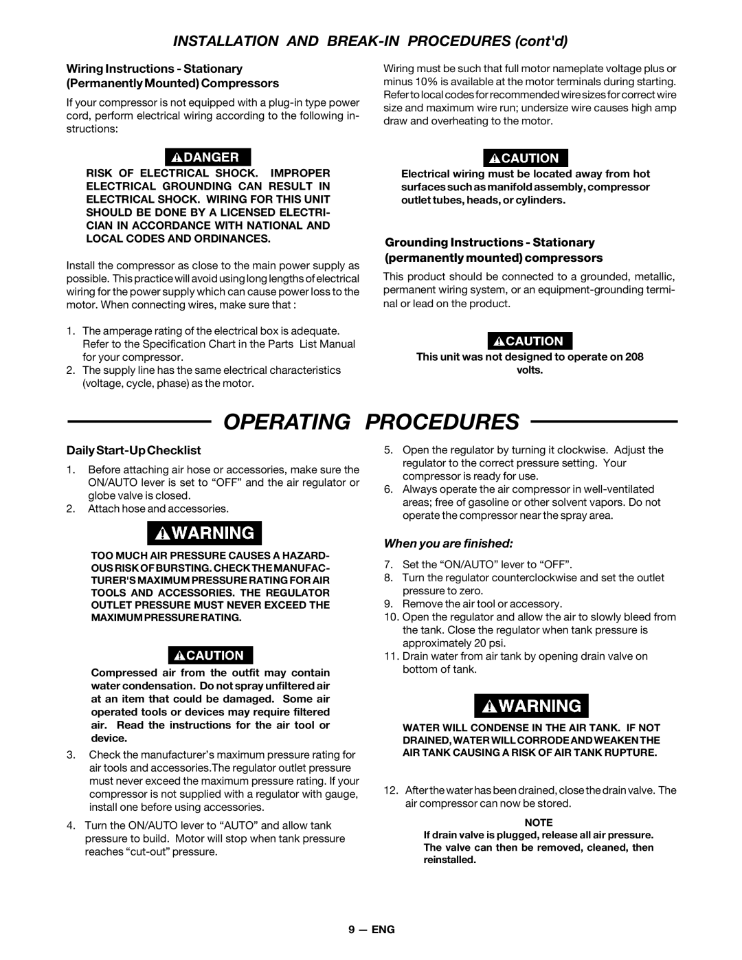 DeVillbiss Air Power Company MG7-OFTWIN warranty Operating Procedures, Daily Start-Up Checklist 