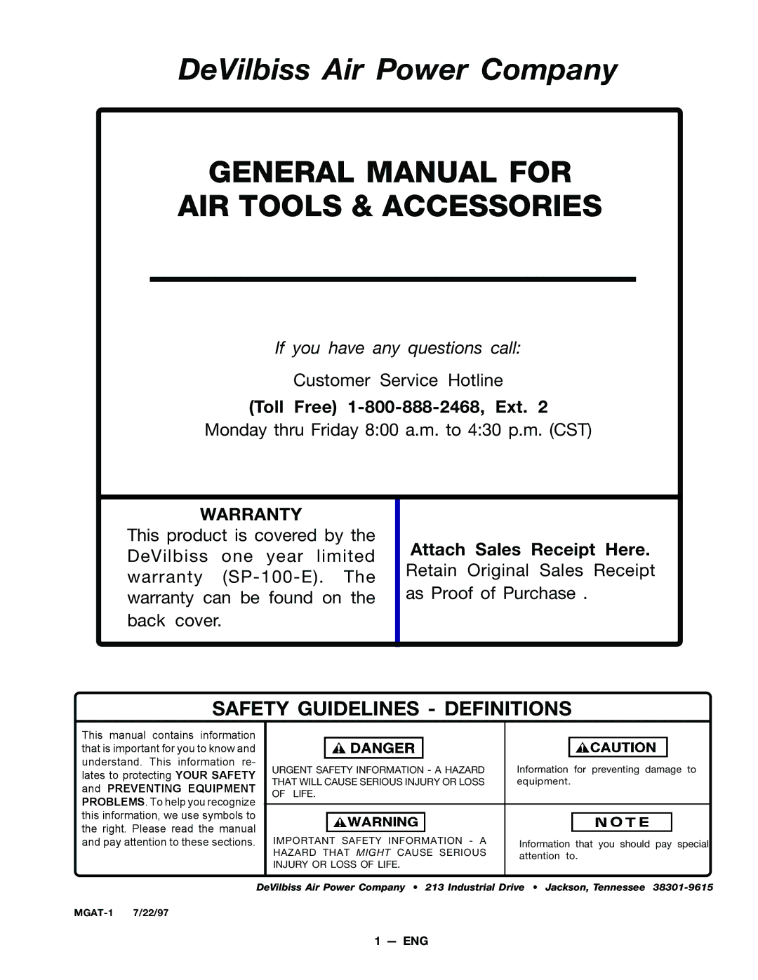 DeVillbiss Air Power Company MGAT-1 warranty General Manual for AIR Tools & Accessories, Safety Guidelines Definitions 